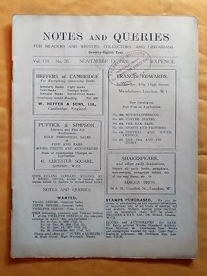 Notes and Queries for Readers and Writers Collectors and Librarians, vol. 151, no 20, November 13...