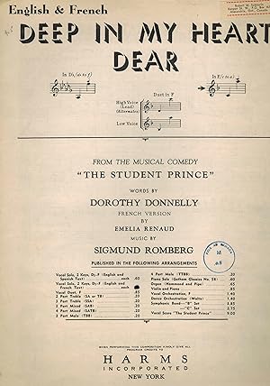 Imagen del vendedor de Deep in My Heart Dear - Au Fond De Mon Coeur - Vintage sheet Music a la venta por ! Turtle Creek Books  !