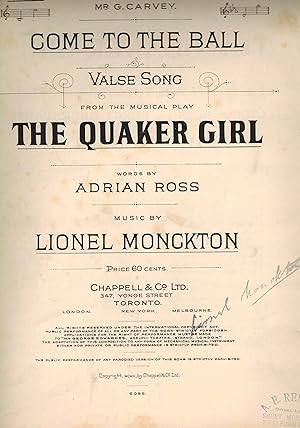 Image du vendeur pour Come to the Ball Valse Song from the Quaker Girl - Vintage Sheet Music mis en vente par ! Turtle Creek Books  !