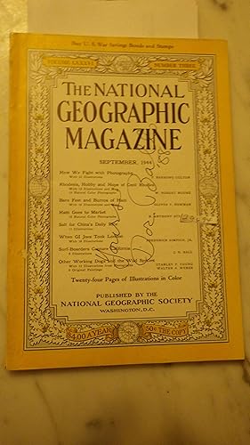 Seller image for SEPTEMBER 1944 The National GEOGRAPHIC MAGAZINE SIGNED ON COVER, YOURS DOC BALL 1988, SURFING & PHOTOGRAPHY, Including 8 photos by J.H. "Doc" Ball "Surf-Boarders Capture California" at pg. 355 , Surf-boarders surfboarders Capture California, for sale by Bluff Park Rare Books