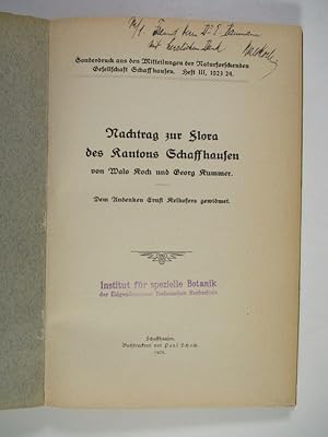 Imagen del vendedor de Sammelband: Nachtrag zur Flora des Kantons Schaffhausen. Sonderdruck aus den Mitteilungen der Naturforschenden Gesellschaft Schaffhausen. Heft III, 1923/24, Heft IV, 1924/25, Heft V, 1925/26. Heft III: I. Pteridophyta. Gymnospermae. Monokotyledones. Heft IV: II. Dicotyledones (Salicaceae bis Rosaceae. Heft V: III. Leguminosae bis Compsitae. a la venta por Antiquariat Bookfarm