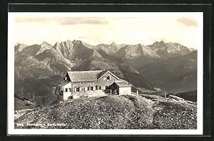 Ansichtskarte Hermann v. Barth-Hütte, Berghütte mit Lechtaler Alpen und Parseierspitze