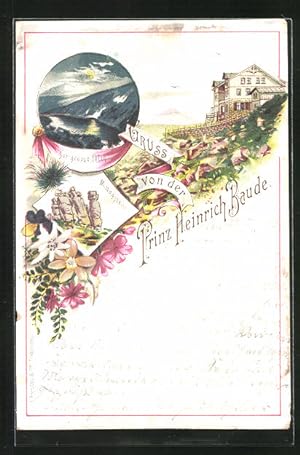 Vorläufer-Lithographie Prinz Heinrich-Baude, 1893, Mittagstein, Der grosse Teich