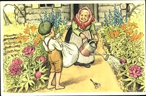 Künstler Ansichtskarte / Postkarte Beskow, Elsa, Pelle och farmor, Bäuerin im Garten, Junge