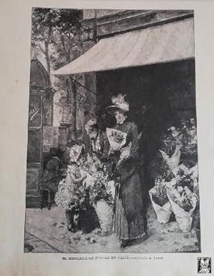 Antiguo Grabado- Antique Engraving: El mercado de las flores de París 1890.