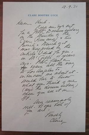 Autographed Letter Signed "Clare" to a magazine editor