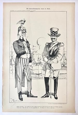 [Original lithograph/lithografie by Johan Braakensiek] De Amerikaansche vloot te Kiel, 5 Juli 190...