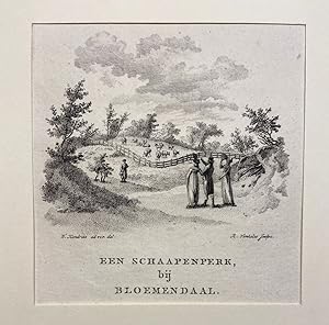 [Antique Copperengraving, 1801] Een Schaapenperk, bij Bloemendaal, Voornaam geklede mensen kijken...