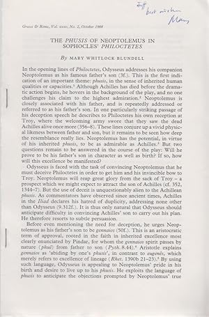 Imagen del vendedor de The Phusis of Neoptolemus in Sophocles' Philoctetes. [From: Greece & Rome, Vol. 35, No. 2, October 1988]. a la venta por Fundus-Online GbR Borkert Schwarz Zerfa