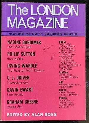 Bild des Verkufers fr The London Magazine March 1966 / Nadine Gordimer "The Fischer Case" / Philip Sutton "Blue Nudes" / Irving Wardle "The Plays of Frank Marcus" / C J Driver "Impossible Cry" / 4 poems by Gavin Ewart / Graham Greene reviews books zum Verkauf von Shore Books