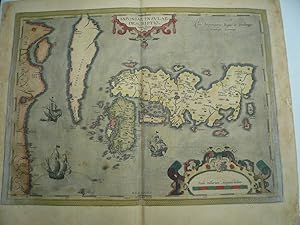 Bild des Verkufers fr Iaponiae Insulae, map, anno 1603, Ortelius, contemporary full co Coppermap, edited by Abraham Ortelius, in Theatrum Orbis Terrarum, latin edition, anno 1603, full coloured, little brownish on margins, some old restorations on margins. Plate size: 358 x 465 mm. Reference: vdB Nr. 165: "Luis Teixeira, a Portuguese cartographer, sent Ortelius in 1592 two maps of China and Japan (Hessels letter 210) which are based on unknown sources (Meurer p. 253 - 254). Although as early as 1617 the more accurate map of Japan by Blancus appeared, this map retained influence until more than 50 years after another milestone map of Japan appeared, the Martini map of 1655". Since the middle ages Japan was depicted as Chipangu or Zipangu. The Portuguese reache zum Verkauf von Hammelburger Antiquariat