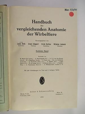 Bild des Verkufers fr Handbuch der vergleichenden Anatomie der Wirbeltiere, Band 6. zum Verkauf von Antiquariat Bookfarm