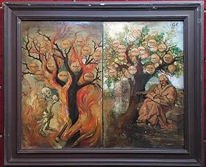 'Die beiden Bäume' : zweigeteilte Darstellung: links am Baum die Sünden, rechts die Tugenden.