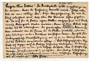 Handschrift von Otto Hupp auf einer Kunstpostkarte (auch von Hupp) München 1917. Thema: Bearbeitu...