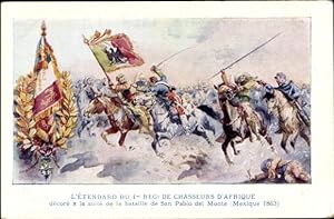 Künstler Ansichtskarte / Postkarte Mexiko, L'Etendard du 1er Reg. de Chasseurs d'Afrique, Bataill...