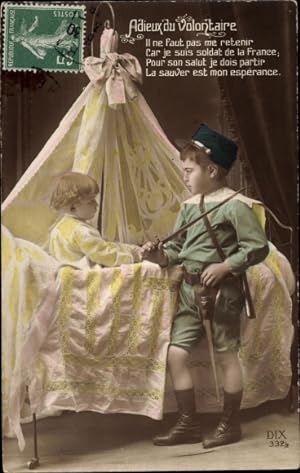 Ansichtskarte / Postkarte Adieux du Volontaire, Junge in französischer Uniform, Kleinkind im Bett