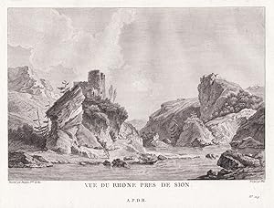 Seller image for Vue du Rhone pres de Sion" - Rhone Sitten Sion Fluss Burg / Schweiz Suisse for sale by Antiquariat Steffen Vlkel GmbH