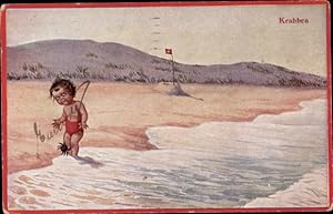 Künstler Ansichtskarte / Postkarte Junge Krabben, Junge wird am Strand von Krabbe ins Knie gezwic...
