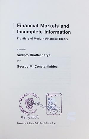 Bild des Verkufers fr Frontiers of modern financial theory. - 2. Financial markets and incomplete information. zum Verkauf von Antiquariat Bookfarm