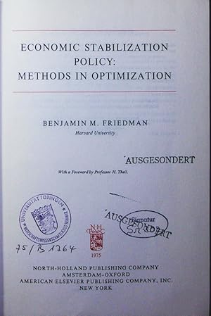 Bild des Verkufers fr Economic stabilization policy. methods in optimization. zum Verkauf von Antiquariat Bookfarm