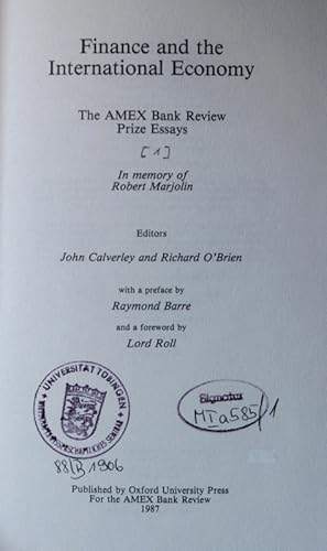 Seller image for Finance and the international economy. the AMEX Bank review prize essays, in memory of Robert Marjolin - In memory of Robert Marjolin. - 1. for sale by Antiquariat Bookfarm