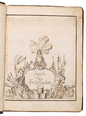 Seller image for Trait de fortification.[Northern Germany?, ca. 1685/1700?]. 4to & small folio (23 x 18 cm). Manuscript in French, written in black ink on paper in an easily readable cursive hand, with the title in a pen and ink decorated cartouche, about 45 pen and ink drawings (14 full-page and 8 larger folding, 2 of the folding ones in red and black ink with coloured washes, one of the colour folding leaves 36 x 27 cm), mostly showing fortification plans. Contemporary or near-contemporary calf, gold-tooled spine. for sale by Antiquariaat FORUM BV