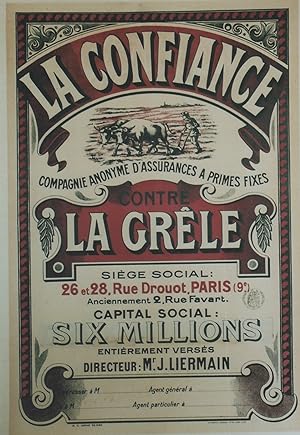 "LA CONFIANCE contre LA GRÊLE" Affiche originale entoilée / Litho Imprimerie A. PERDOUX Orléans (...