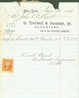 Tredwell & Jarmans Clothiers, 118 & 120 Fulton Street, New York, Jan 30, 1868 (billhead)