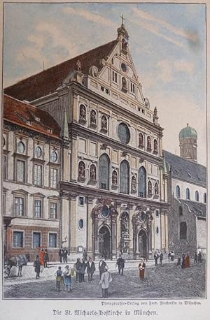 kolorierter Holzstich - Die St. Michaels-Hofkirche in München.