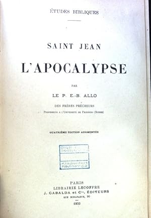 Bild des Verkufers fr Saint Jean l'Apocalypse; Etudes Bibliques; zum Verkauf von books4less (Versandantiquariat Petra Gros GmbH & Co. KG)