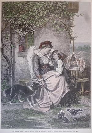 kolorierter Holzstich - Die glückliche Mutter ( Mutter mit Kind Hund u. Tauben Tracht )