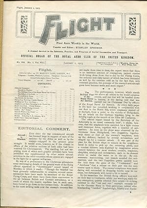 Bild des Verkufers fr Flight. Official Organ of The Royal Aero Club of The United Kingdom. No. 314 (No. 1, Vol VII.) January 1, 1915. zum Verkauf von Antiquariat & Buchhandlung Rose