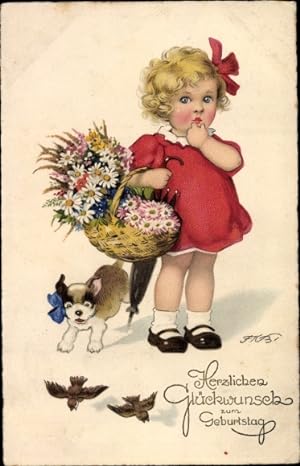 Ansichtskarte / Postkarte Baumgarten, Fritz, Glückwunsch Geburtstag, Mädchen mit Blumenstrauß, Hu...