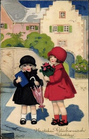 Ansichtskarte / Postkarte Baumgarten, Fritz, Glückwunsch Geburtstag, Mädchen mit Blumenstrauß und...