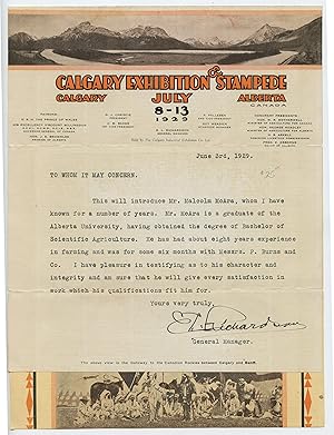 Letter of introduction for Malcolm McAra, on Calgary Stampede letterhead, 1929