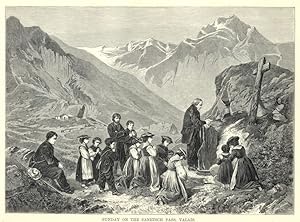 SUNDAY ON THE SANETSCH PASS IN VALAIS,Switzerland,1878 antique print