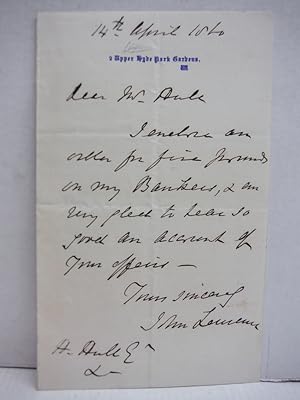 1860: JOHN LAIRD MAIR LAWRENCE - BARON HANDWRITTEN LETTER