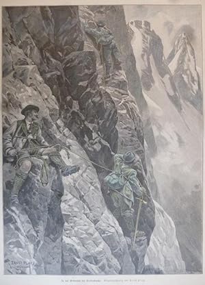 kolorierter Holzstich - In der Westwand der Trettachspitze ( Alpen Bergsteiger Seilschaft )