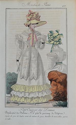PERIOD COSTUME, Ladies Opera Dress, Paris Fashion plate 407 antique print 1826
