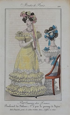 PERIOD COSTUME, Ladies Opera Dress, Paris Fashion plate 401 antique print 1826