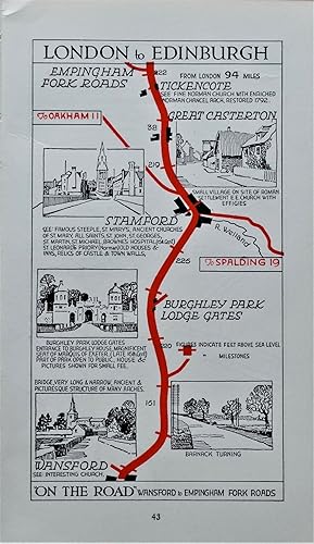 Antique Map Wansford, Stamford, Great Casterton,Tickencote Pictorial Road Map c1920