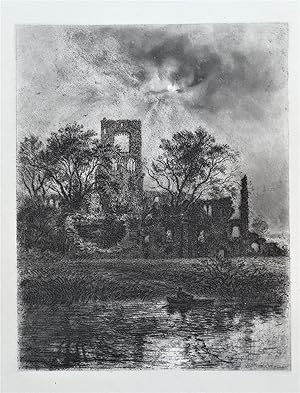 KIRKSTALL ABBEY, LEEDS, Yorkshire, Debaines etching original antique print 1880