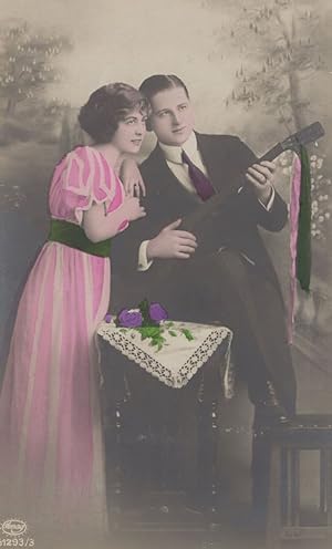 Man With Guitar Love Romance Antique Social History Postcard