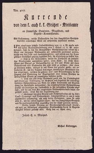 Kurrende Graz, Gericht in Kriegszeiten von 1805, verfasst von Joseph E. v. Marquet