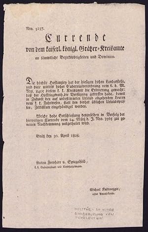 Kurrende Graz, Einberufung von Fuhrleuten von 1808, verfasst von Anton Freiherr v. Spiegelfeld