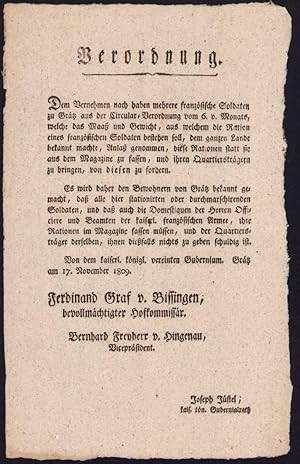 Verordnung Graz, Verteilung der Rationen an franz. Soldaten von 1809, verfasst von Ferdinand Graf...