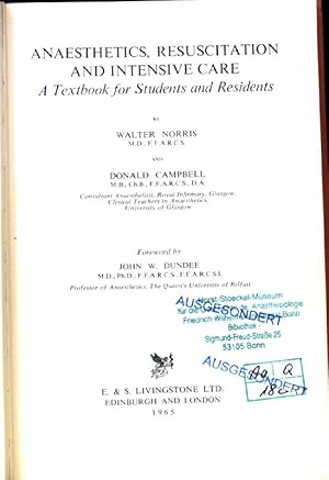 Bild des Verkufers fr Anaesthetics, Resuscitation and Intensive care. A Textbook for Students and Residents. zum Verkauf von books4less (Versandantiquariat Petra Gros GmbH & Co. KG)