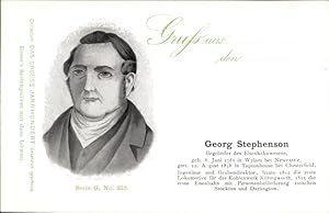 Ansichtskarte / Postkarte Georg Stephenson, Begründer des Eisenbahnwesens, Portrait, Reklame, Ess...