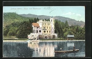 Ansichtskarte Sekirn am Wörthersee, Schloss Sekirn und Boot