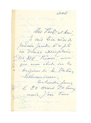 Imagen del vendedor de Oscar Vladislas de LUBICZ-MILOSZ / Lettre autographe signe / Posie a la venta por Le Manuscrit Franais